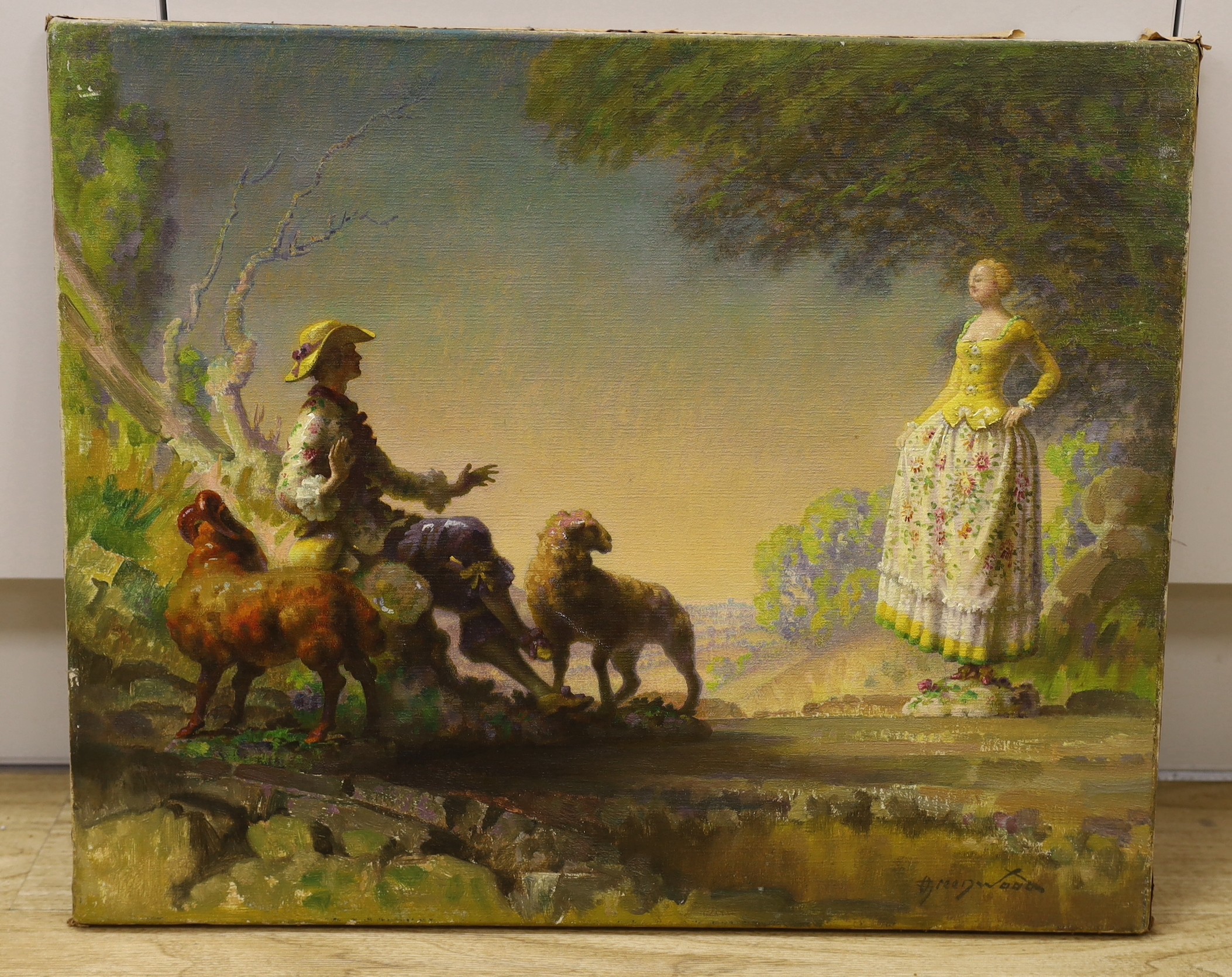 Orlando Greenwood RBA, (1892-1989), oil on canvas, Lady speaking to a shepherd, signed, 45 x 56cm, unframed